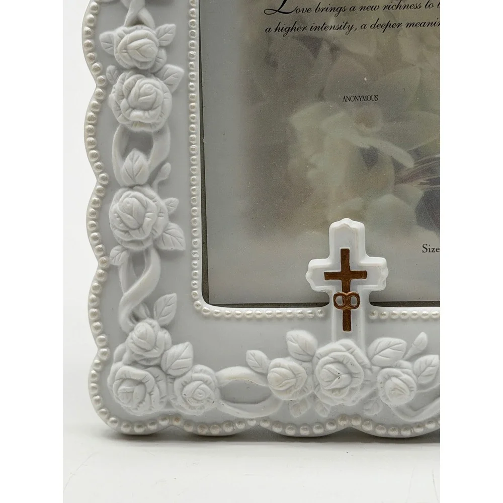 Vintage Russ Berrie White Porcelain Wedding Frame Roses Doves Cross 3.5x5 14389